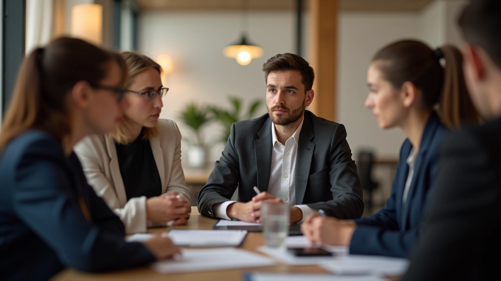 Groupe de professionnels en discussion collaborative, écoutant attentivement dans un cadre de bureau moderne