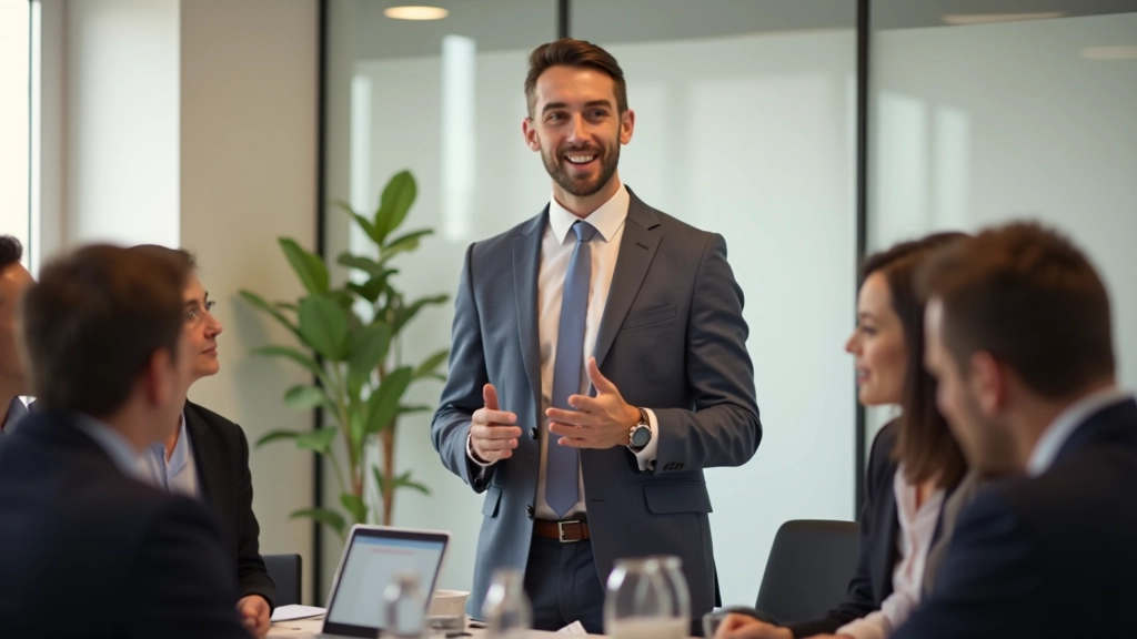 Leader présentant à son équipe avec confiance, gestes assurés et présence inspirante