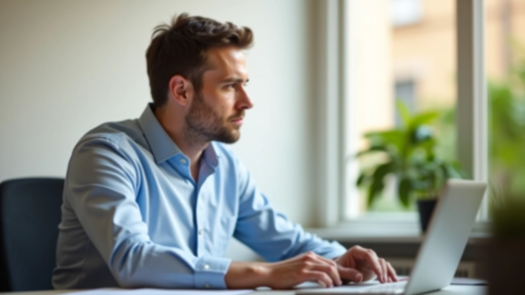 Professionnel à son bureau prenant une pause, regardant par la fenêtre avec calme et sérénité