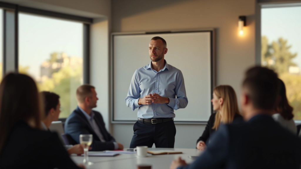 Stéphane Ducasse animant une session de formation en intelligence émotionnelle, salle de réunion moderne avec participants engagés