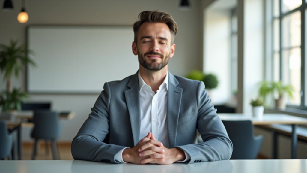 Homme d'affaires prenant une pause, méditant calmement à son bureau avec une expression sereine