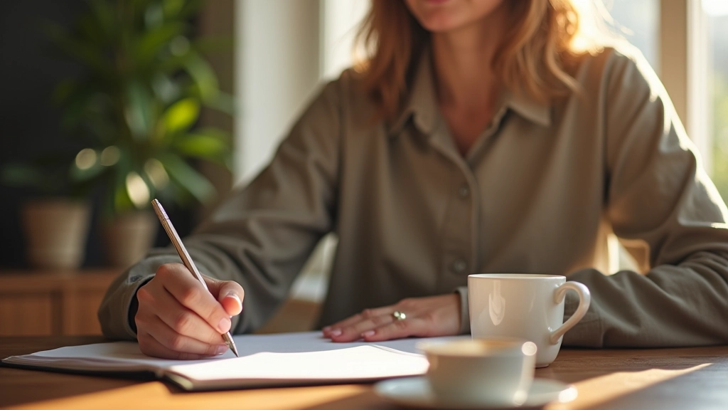 Personne notant ses progrès dans un journal de suivi des émotions, avec un style de vie équilibré montrant l'intégration progressive des techniques