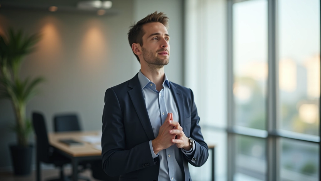Personne effectuant un exercice de respiration profonde en quatre étapes, avec des mains placées sur la poitrine, dans un environnement professionnel