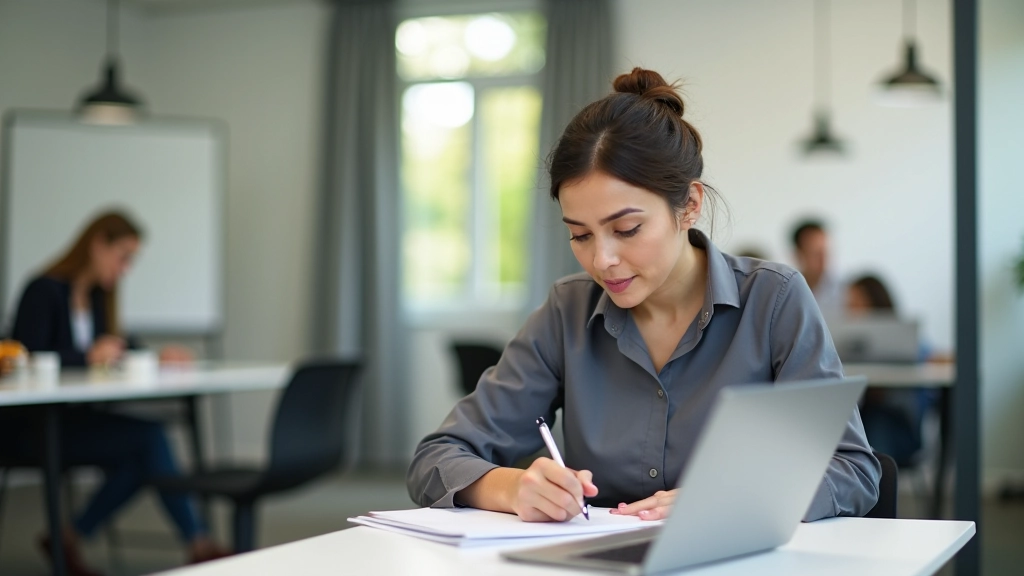 Professionnel en environnement de travail, prenant des notes attentivement pendant une conversation