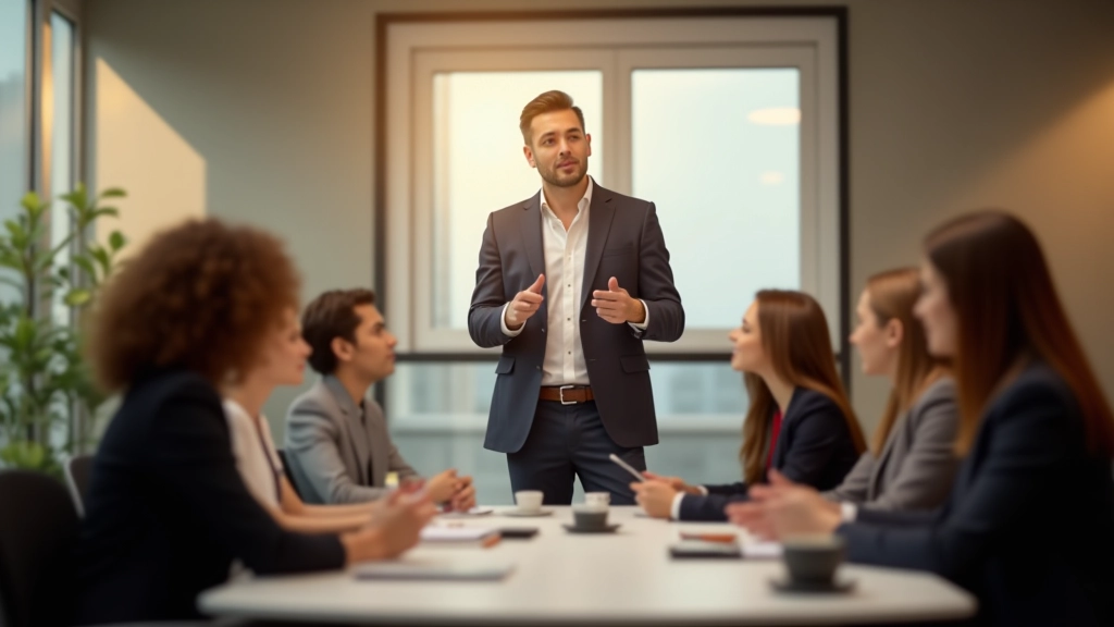 Réunion d'équipe dynamique où le leader facilite une discussion collaborative et constructive