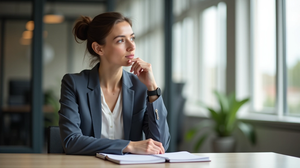 Femme au bureau avec carnet, notant ses pensées et ses émotions, expression concentrée et réfléchie