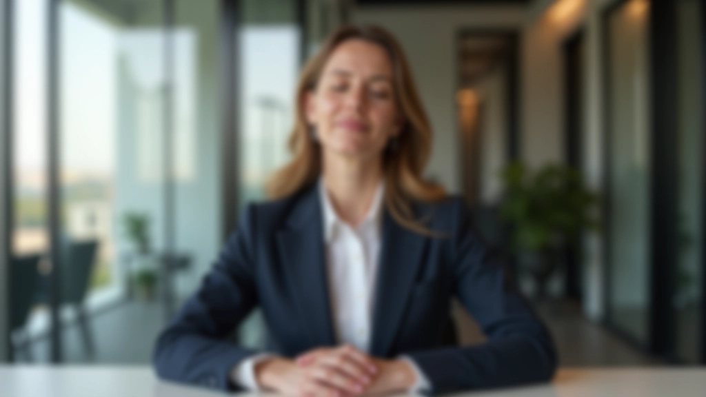 Femme professionnelle en train de pratiquer la respiration consciente, les yeux fermés, assise confortablement dans un environnement de travail calme