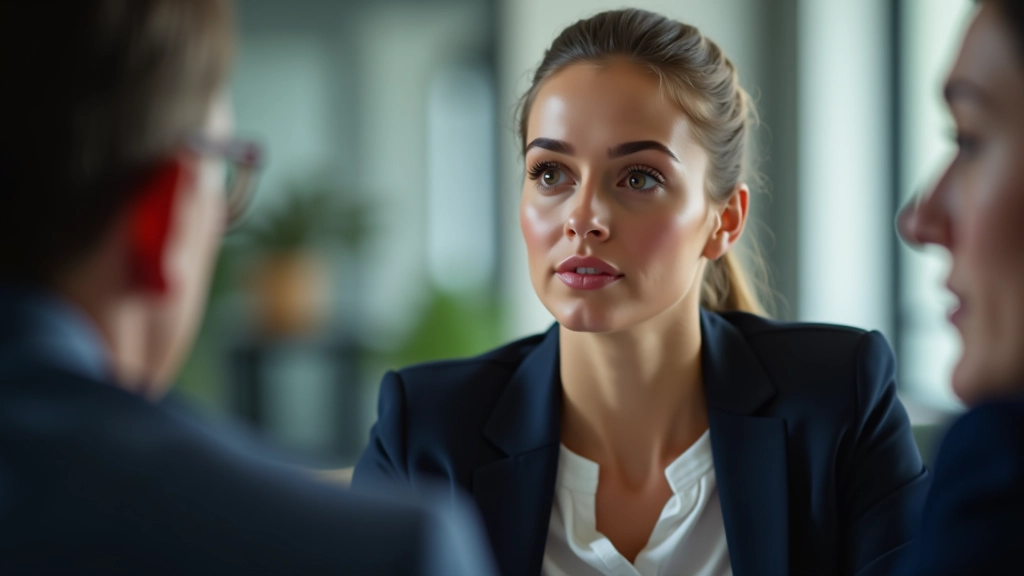 Femme en réunion, écoutant attentivement avec expression concentrée et bienveillante