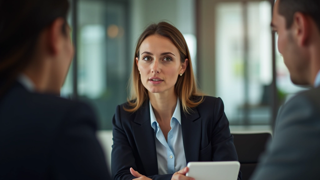 Femme professionnelle en réunion, écoutant activement un collègue avec concentration